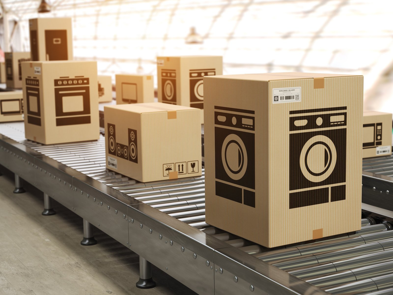 Household appliance in cardboard boxes on conveyor roller in dis